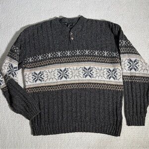 Vintage Liberty Sweaters Fair Isle Pullover Cable Knit Henley Gray & Tan Men’s L